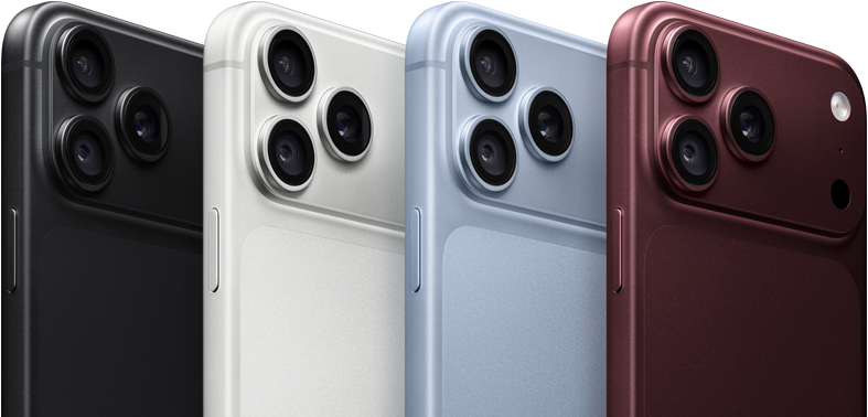 Dispositivos iPhone 18 Pro en fila, parte posterior, los cuatro colores: color borgoña, color glaciar, color plata, negro, sistema de cámaras Pro Fusion en la esquina superior izquierda, 3 lentes, micrófono, flash
