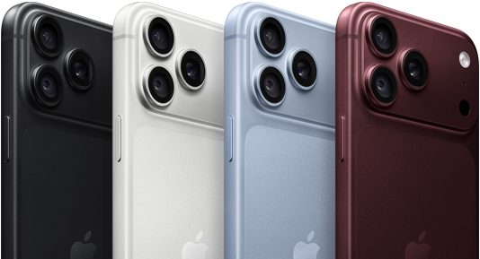 Dispositivos iPhone 18 Pro en fila, parte posterior, los cuatro colores: color borgoña, color glaciar, color plata, negro, sistema de cámaras Pro Fusion en la esquina superior izquierda, 3 lentes, micrófono, flash