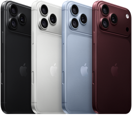 Dispositivos iPhone 18 Pro en fila, parte posterior, los cuatro colores: color borgoña, color glaciar, color plata, negro, sistema de cámaras Pro Fusion en la esquina superior izquierda, 3 lentes, micrófono, flash