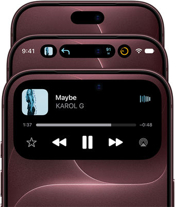 Tres iPhone 18 Pro color borgoña ubicados en forma de abanico para mostrar la Dynamic Island en distintos modos: desactivada, minimizada, maximizada