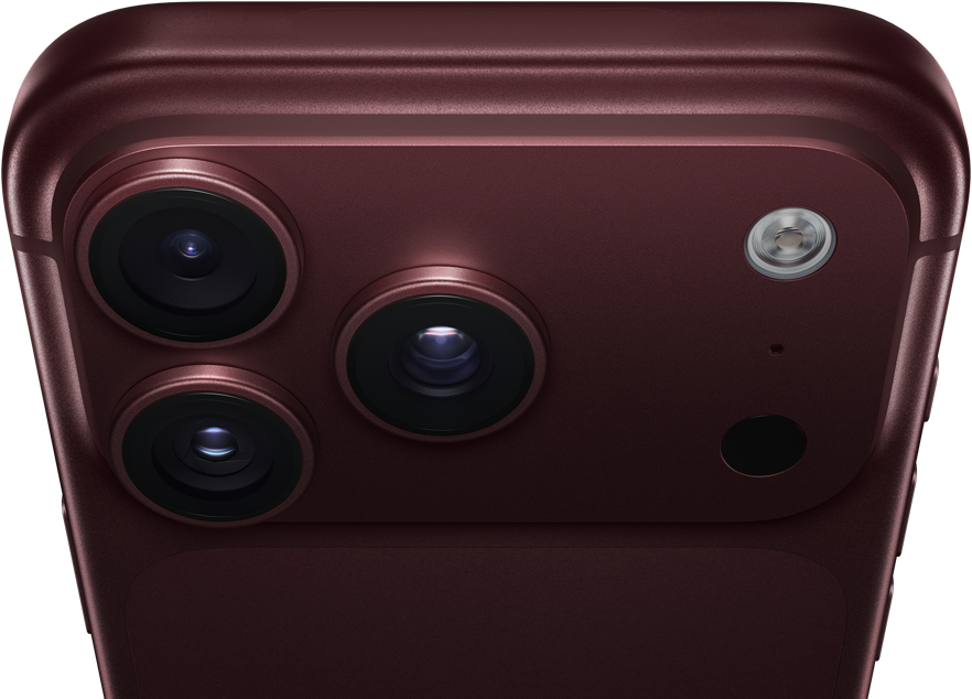 iPhone 18 Pro Max, color borgoña (rojo oscuro), parte posterior, sistema de cámaras Pro Fusion en la parte superior, 3 lentes, láminas de apertura variable parcialmente cerradas, flash, micrófono y escáner LiDAR, parte superior, antena celular, lados planos, esquinas redondeadas
