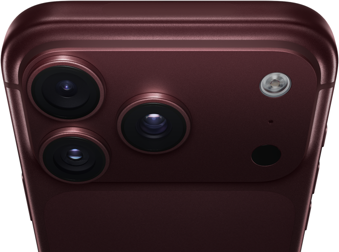 iPhone 18 Pro Max, color borgoña (rojo oscuro), parte posterior, sistema de cámaras Pro Fusion en la parte superior, 3 lentes, láminas de apertura variable parcialmente cerradas, flash, micrófono y escáner LiDAR, parte superior, antena celular, lados planos, esquinas redondeadas