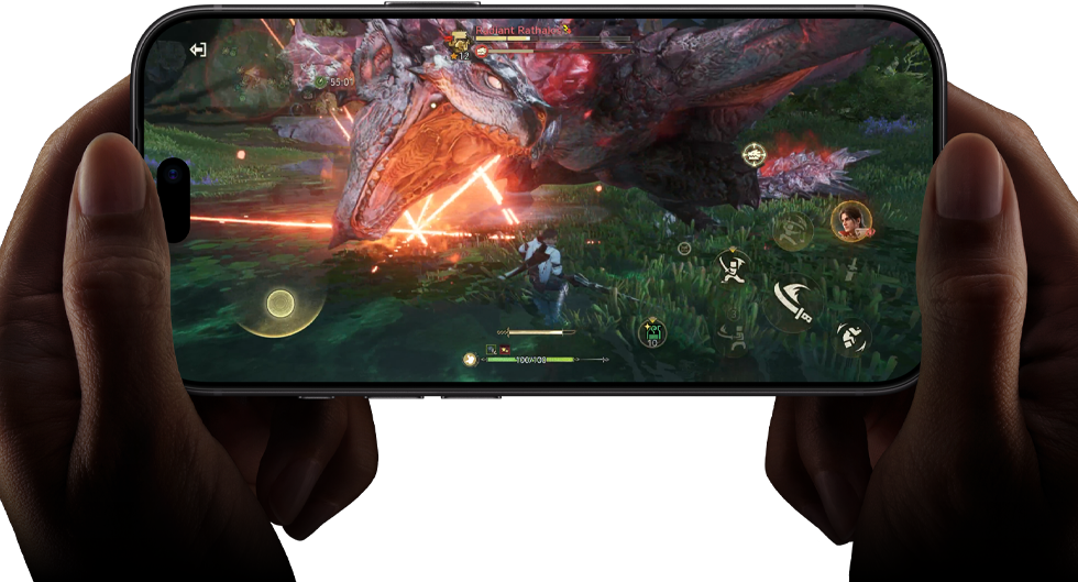 iPhone 18 Pro, parte frontal, para mostrar el rendimiento del chip A20 Pro con una escena de Monster Hunter Outlanders