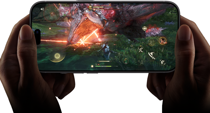 iPhone 18 Pro, parte frontal, para mostrar el rendimiento del chip A20 Pro con una escena de Monster Hunter Outlanders